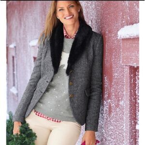 TALBOTS ABERDEEN SHETLAND WOOL  HERRINGBONE TAILORED BLAZER FAUX FUR TRIM SZ 8